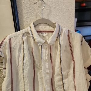 Madewell White Short-Sleeve Button-Down with Red, Navy & Yellow Stripes